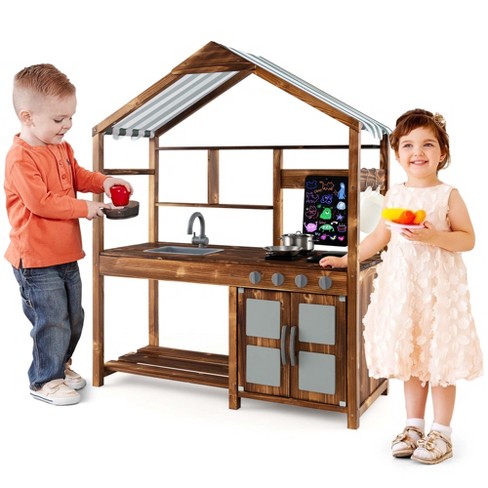 Costway Wooden Mud Kitchen With Chalkboard, Stoves, Removable Sink ...