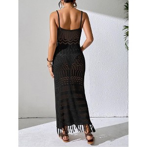 Women's Slim Maxi Slip Dress Sexy U-Neck Knit Fringe Sleeveless Long Hollow Dress Fashion Summer Beach Vacation - 1 of 4