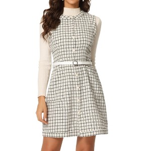 Allegra K Women's Sleeveless Button Elegant Vintage A-Line Round Neck Plaid Dress - 1 of 4
