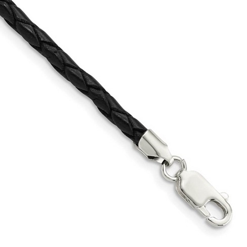 Black Bow Jewelry 3mm Braided Black Leather Cord Chain & Sterling Silver Clasp Necklace - image 1 of 4