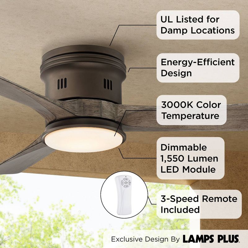 54" Casa Vieja Modern Hugger Low Profile Indoor Outdoor Ceiling Fan with Light LED Remote Bronze Wood Opal Glass Damp Rated Patio, 3 of 9