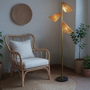 ALOADECOR Rattan Floor Lamp  3-Light Standing Lamp with Brass Frame, Marble Base & Woven Shades, Foot Switch for Bedroom - 1 of 4