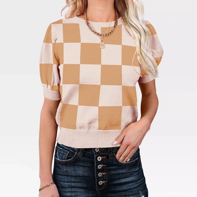 Women's Casual Crew Neck Short Sleeve Sweater Tops for Spring and Summer 2025,Camel Plaid - M