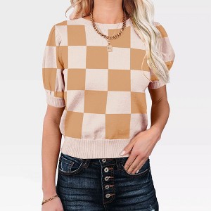 Women's Casual Crew Neck Short Sleeve Sweater Tops for Spring and Summer 2025,Camel Plaid - M - 1 of 4