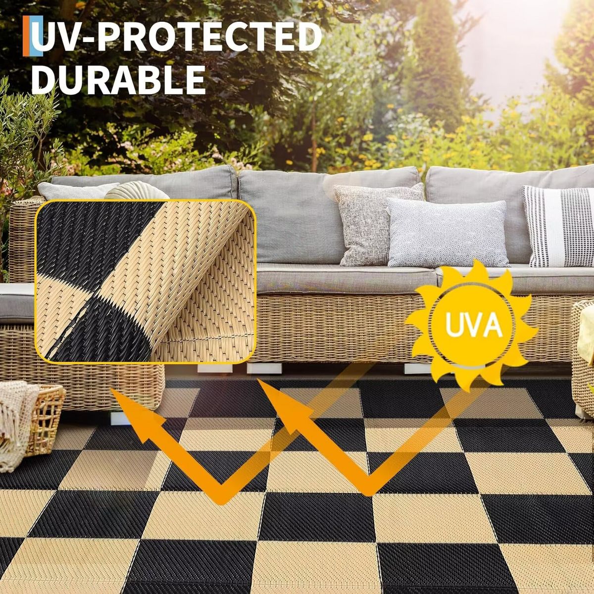 Garvee Outdoor Rug Checkerboard Geometric Plaid Pattern, Waterproof Plastic Straw Rug, UV Resistant Foldable Outdoor Rug for Picnic, Backyard, Deck - thumbnail 6