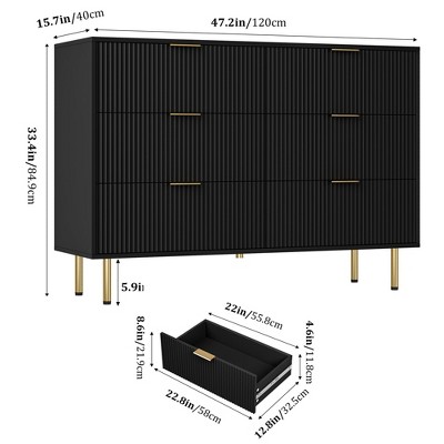 Fluted Wood Dresser 7 Drawers Dresser for Bedroom, Large Modern Black Dresser with Gold Handle