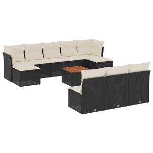vidaXL 11 Piece Patio Sofa Set with Cushions Black Poly Rattan - Black and Cream - 1 of 4