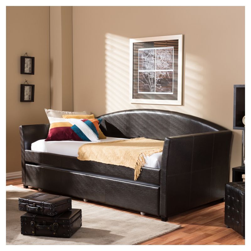 Twin London Modern and Contemporary Faux Leather Arched Back Sofa Daybed with Roll Out Trundle Guest Bed - Baxton Studio, 5 of 11
