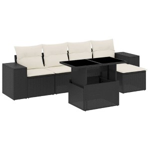 vidaXL 6 Piece Patio Sofa Set with Cushions Black Poly Rattan - Black and Cream without storage - 1 of 4