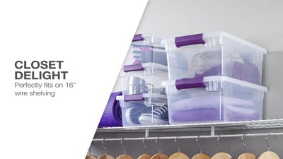 Clear 15 Qt Stackable Plastic Storage Box with Purple Latch