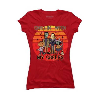 Junior's Design By Humans Chillin with my creeps 80's style halloween characters By MerchHQ T-Shirt