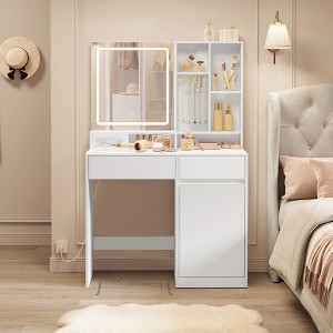 35.4-Inch Vanity Desk with LED Mirror and Charging Station, Makeup Table Set with Stool and Jewelry Storage, Cloud White - 1 of 4