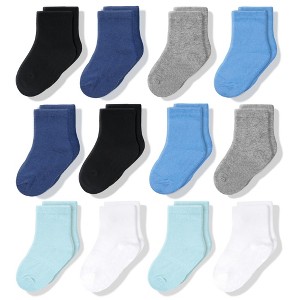 Cozyway Crew Cotton Baby Socks - 12 Pack Stretch Baby Socks, Infant Socks - 6-12 Months - Multicolored - Blue/White/Black/Gray - 1 of 4
