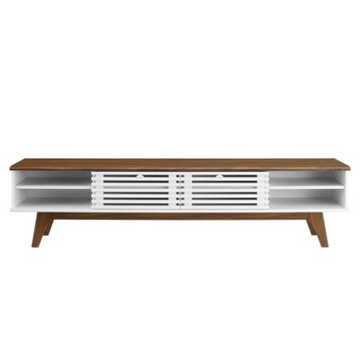Walnut and White Mid-Century Modern 70" TV Stand with Sliding Doors