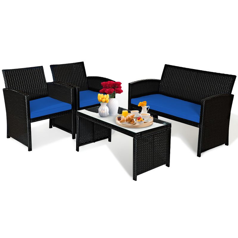 Tangkula 4 Piece Outdoor Patio Rattan Furniture Set Navy Cushioned Seat For Garden, porch, Lawn, 1 of 9
