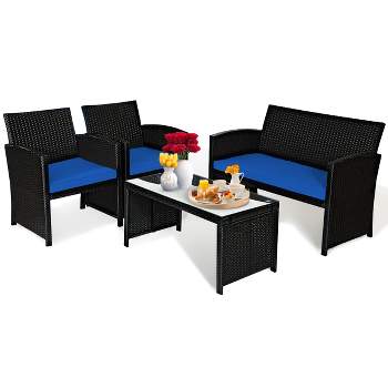 Tangkula 4 Piece Outdoor Patio Rattan Furniture Set Navy Cushioned Seat For Garden, porch, Lawn