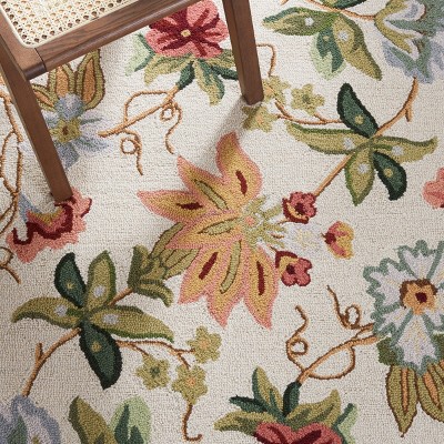 Ivory Floral Hand-Hooked Wool Runner Rug, 2'6" x 10'