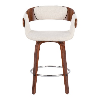 Elisa Cream Fabric and Walnut Wood Swivel Counter Stool, Set of 2