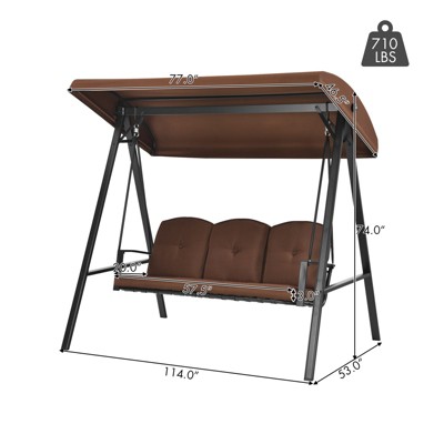 Brown Steel 3-Person Outdoor Swing with Adjustable Canopy