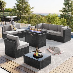 LayinSun 8 Piece Patio Furniture Set with 44" Propane Gas Fire Pit Table, Outdoor Sectional Conversation Set Wicker Rattan Sofa Set - 1 of 4