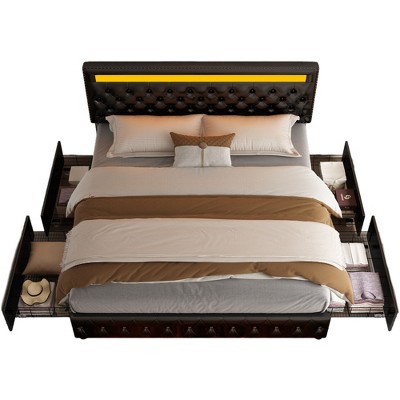 CAVINAS Full/Queen/King Size Modern Platform Bed Frame with LED on Headboard & 4 Storage Drawers,No Box Spring Needed