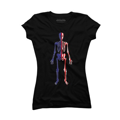 Junior's Design By Humans July 4th Patriotic Skeleton USA Flag By Ujangkasep T-Shirt