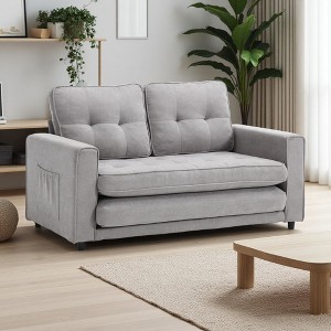 3-Seater Velvet Linen Convertible Sofa with Pull-Out Bed & Side Storage - 1 of 4