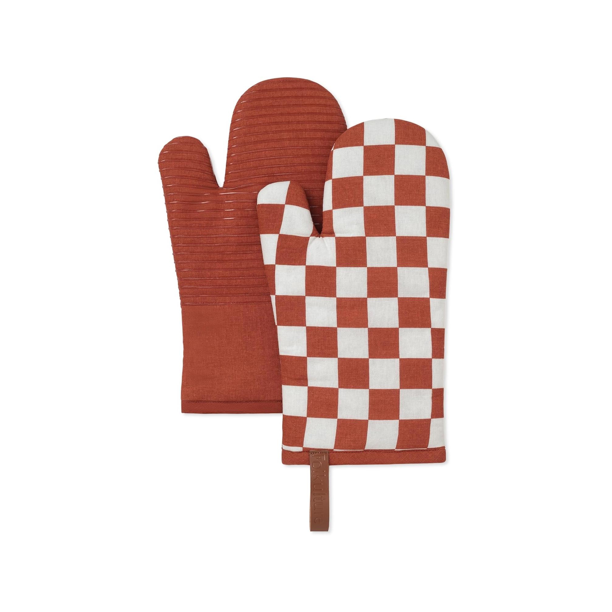 Folkulture Oven Glove 100% cotton with Silicon Grip Pack of 2, 12 Inch - Checkmate