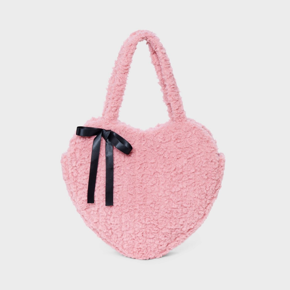 Girls' Faux Shearling with Bow Oversized Heart Tote Bag - art class™ Pink: Structured Double Shoulder Handles, Magnetic Closure