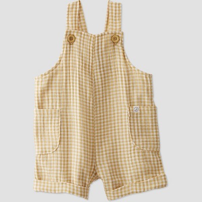 Image of little Planet By Carter's Baby Ochre Gingham Gauze Shortalls Bodysuit - Yellow 3M