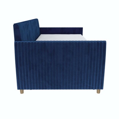 Twin Blue Velvet Upholstered Daybed with Trundle and Tufted Headboard