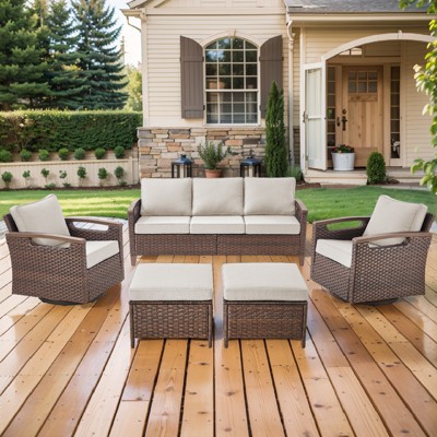 POCASSY 4 Piece Patio Furniture Set, All Weather Brown Wicker Outdoor Conversation Set with Patio Couch, Swivel Glider Chairs, and Metal Coffee Table
