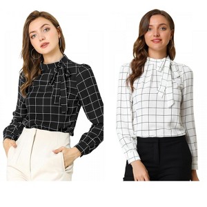 INSPIRE CHIC Women's Bow Tie Neck Keyhole Back Grid Checks Office Work Blouses 2 Packs - 1 of 4
