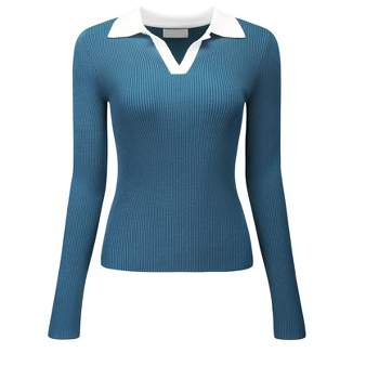 Hobemty Women's V Neck Contrast Color Long Sleeve Polo Sweater Fitted Knit Top