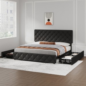 King Bed Frame with 4 Storage Drawers and Adjustable Headboard, Linen Upholstered Platform Beds, Diamond Stitched Button Tufted,No Box Spring Needed - 1 of 4