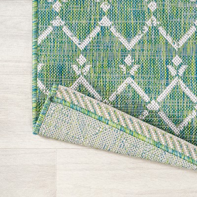 Green and Ivory Geometric Flat Woven Runner Rug