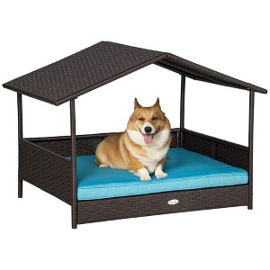 PawHut Wicker Dog House Elevated Raised Rattan Bed for Indoor/Outdoor with Removable Cushion Lounge - 1 of 4