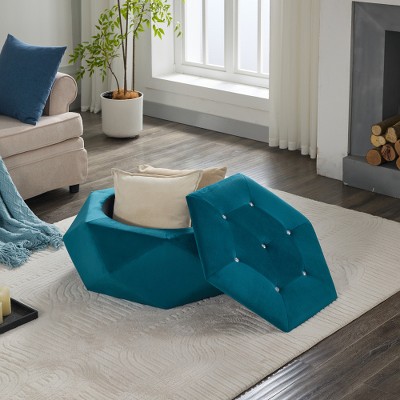 Airsurfer 34-inch Teal Velvet Ottoman Contemporary Polygon Diamond Tufted Storage Ottoman Living Room Furniture for Organized Living Spaces