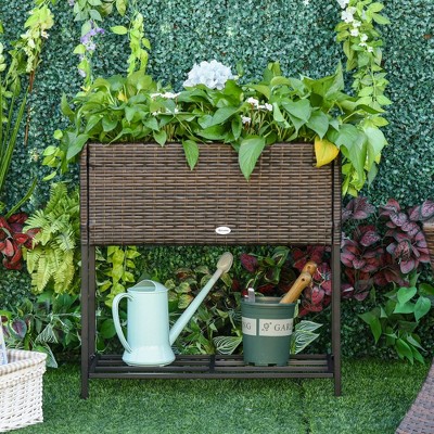 Brown Elevated Rattan Wicker Outdoor Flower Stand with Tool Storage