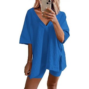 Ekouaer Womens Pajamas 2 Piece Lounge Sets Oversized V Neck T-Shirts Tops Biker Shorts Set Workout Reversible Tracksuit - 1 of 4
