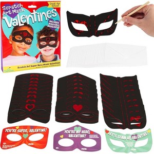 Super Hero Masks Scratch Art Valentines Day Cards for Kids, 28 Card Pack & Envelopes - Great for School Classroom Parties - 1 of 3