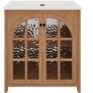 Vynxaria 31 Inch Antique Natural Farmhouse Bathroom Vanity with Ceramic Sink One Complete Set Vintage Curved Cabinet Soft Close Doors Adjustable Shelf - 1 of 4