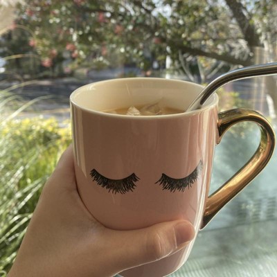 Sweet Water Decor Cute Coffee Mug with Golden Handle | Girly Make Up & Mascara Eyelashes, 16 oz
