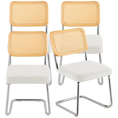 VEVOR Rattan Dining Chairs Set of 4, Mid Century Modern Dining Chair, Upholstered Velvet Accent Chair with Rattan Back, (18.1 Inch) White+Yellow