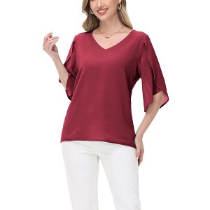 Anna-Kaci Women's V-Neck Blouse with Split Sheer Short Sleeves and Relaxed Fit Silhouette - 1 of 4