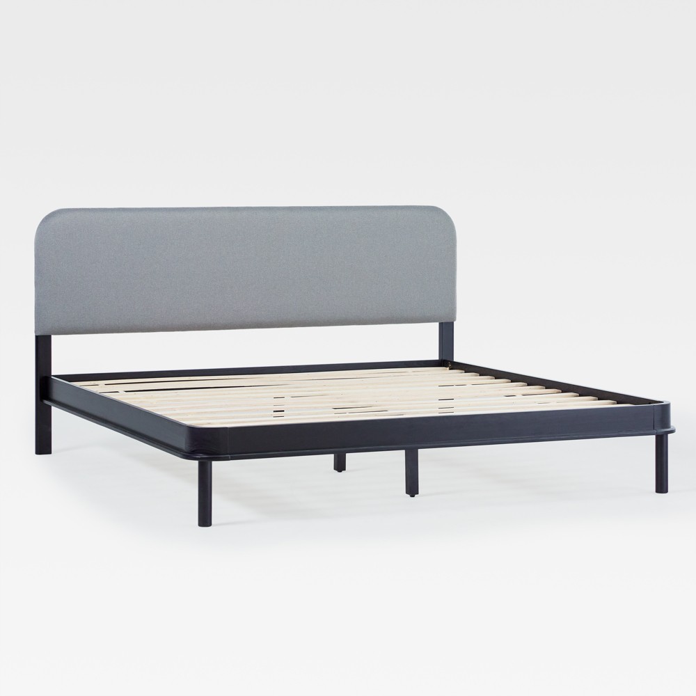 Saracina Home King Contemporary Solid Wood and Curved Fabric Headboard Bed Black/Gray