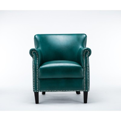 Teal Leather Accent Chair with Wood Frame