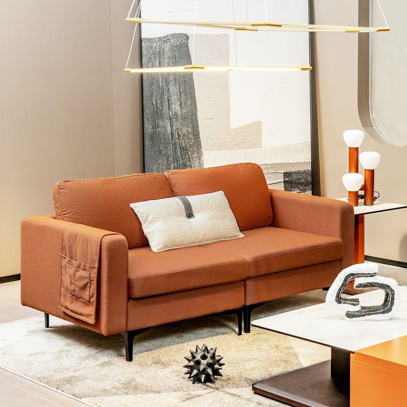 Costway Modern Loveseat Linen Fabric 2-Seat Sofa Couch w/ Side Storage Pocket Green\Orange, 2 of 11