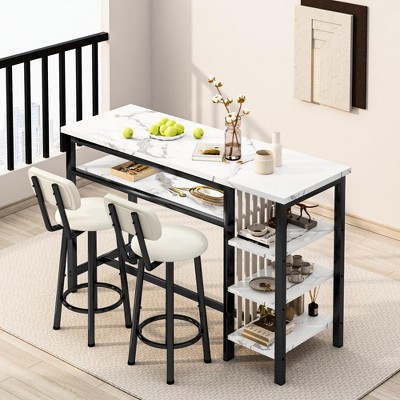 Hooseng 3-Piece Dining Room Table Set with 2 Upholstered Bar Stools, Modern Farmhouse Style Bar Table Set for 2 with Multiple Tier Storage Shelves