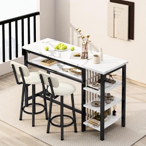 Hooseng 3-Piece Dining Room Table Set with 2 Upholstered Bar Stools, Modern Farmhouse Style Bar Table Set for 2 with Multiple Tier Storage Shelves - 1 of 4